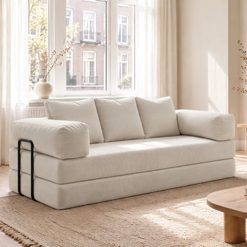 Slaapbank Lugano off-white met corduroy bekleding en metalen zij- en achtersteunen